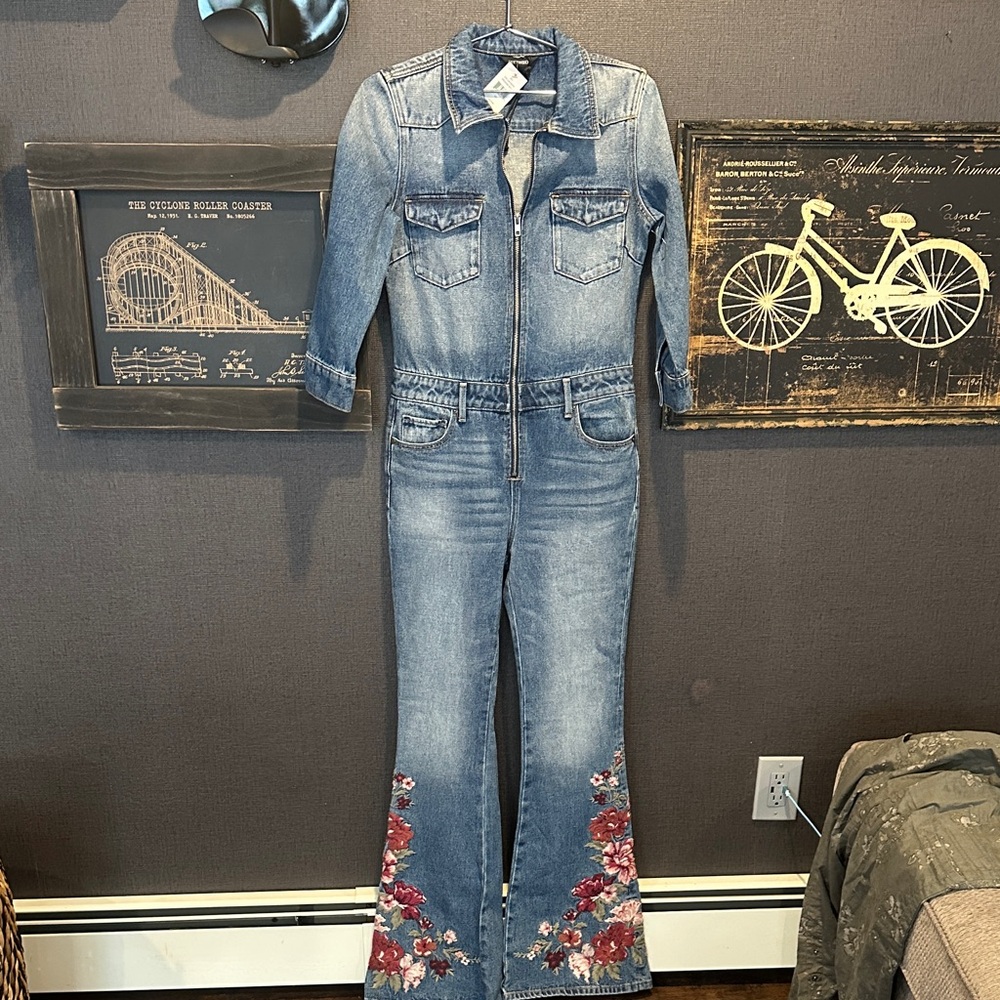 DRIFTWOOD Denim Jumpsuit with embroidery flowers